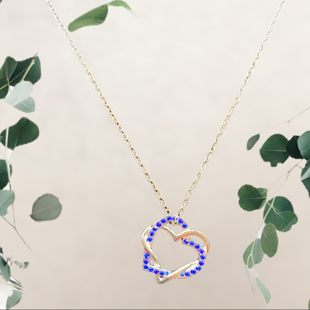 Fashion Jewelry Double Heart Silver & Blue Necklace